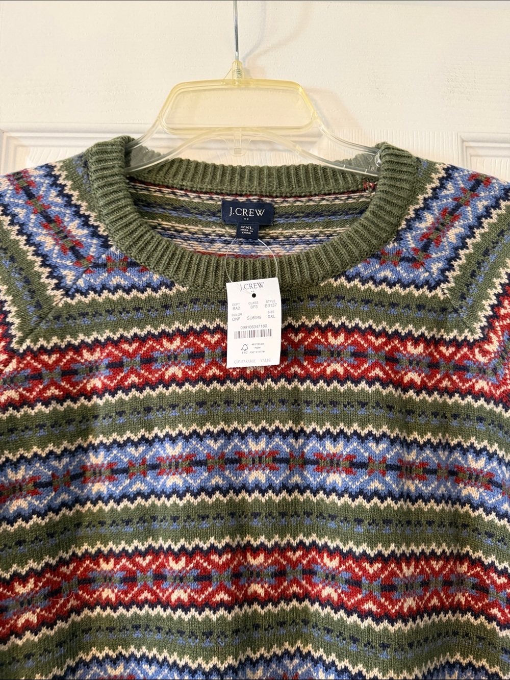 J. Crew Olive Fair Isle Crewneck Sweater with Red and Blue Accents beautiful XXL - Picture 3 of 8